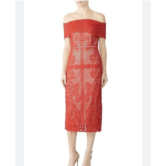 Stylestalker Stella Midi Dress Women's Small Red Lace Nude Underlay Off Shoulder - Picture 1 of 14
